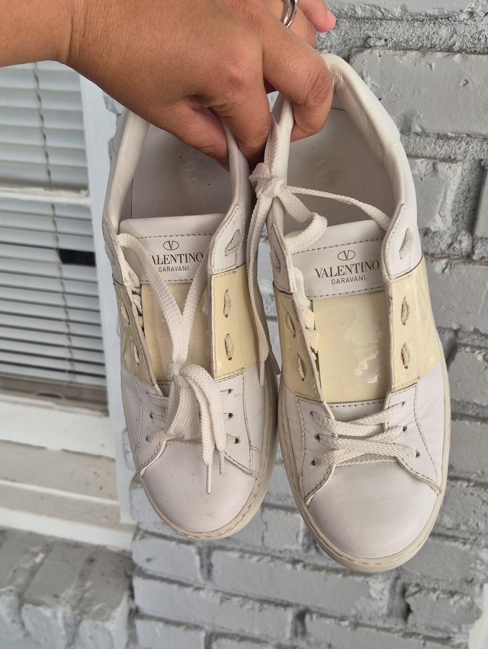 Valentino Garavani White Leather Sneakers with Cream Patent Accent